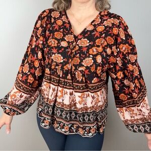 Floral Black and Orange Indian Cotton Women's Top Medium